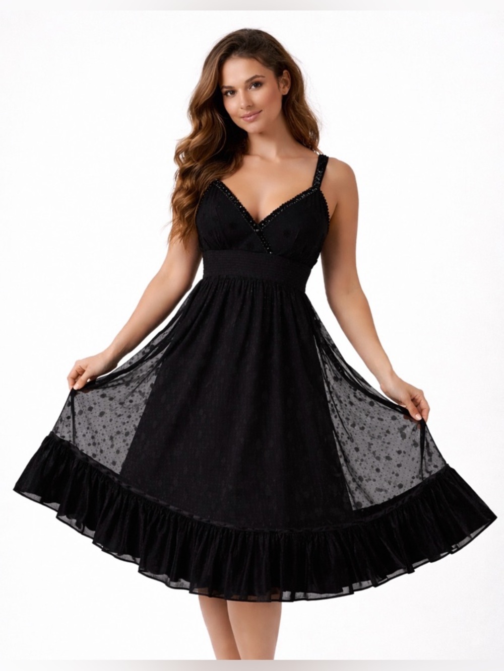 Black Swiss Dot Midi‎ Dress Velvet Trim Romantic Cottagecore Polka Dot Flowy 10